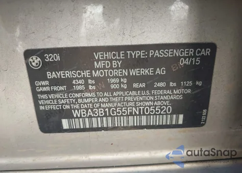 2015 BMW 320I z USA, uszkodzony, nr VIN WBA3B1G55FNT05520